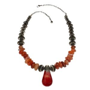 Necklace - Carnelian? Pendant and Chunky Beads with Silver Ribbed Lantern Beads